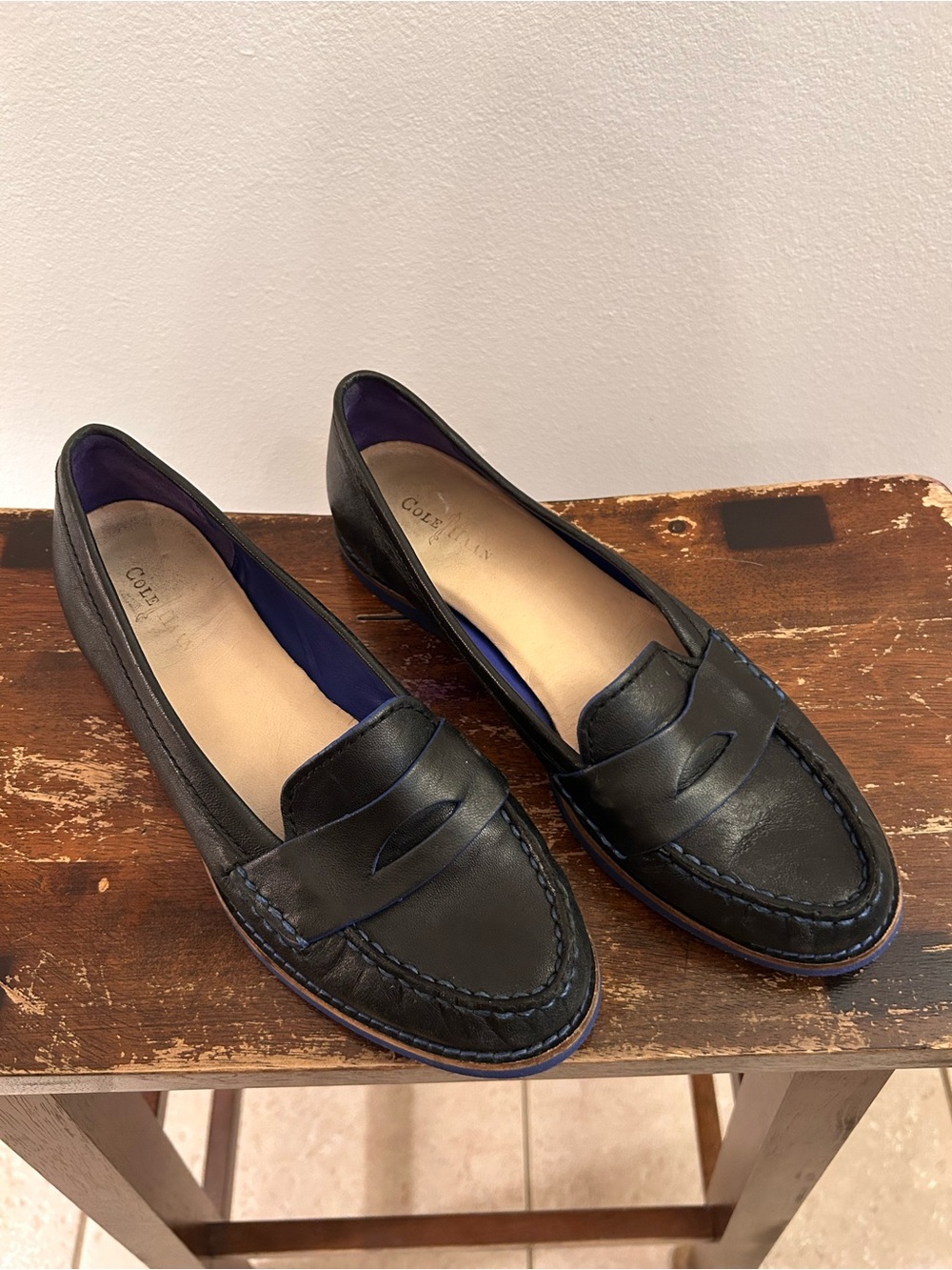 Cole Haan Black Leather Penny Loafers with Navy Trim